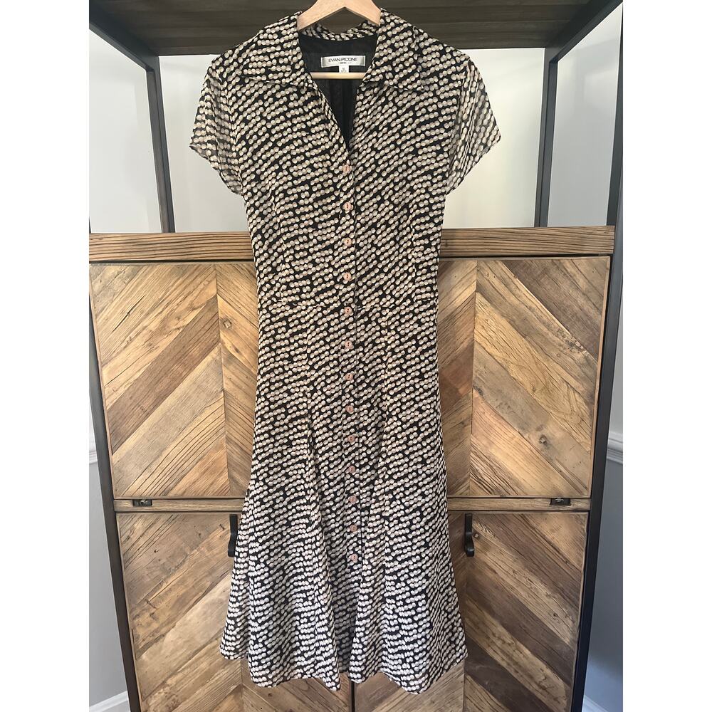 Evan Picone Tieback Midi Dress Size 10 Black Tan Short Sleeve Flowy‎